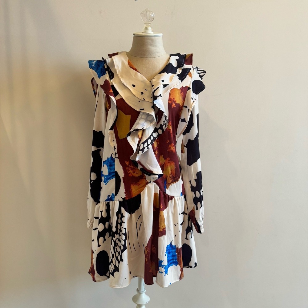 Mulla Abstract Print Ruffle Mini Dress Small Art to Wear Maximalism Boho Chic